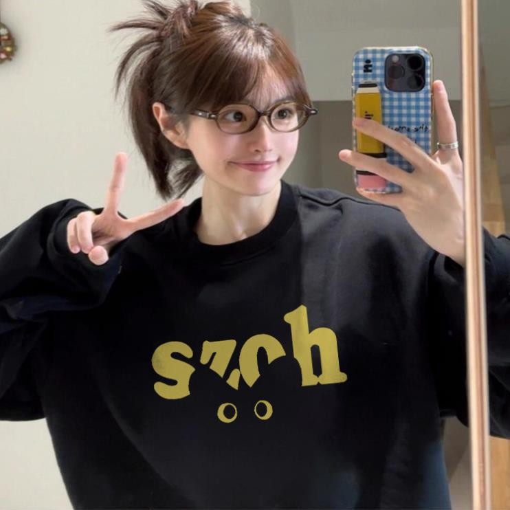 Áo sweater nữ Đen oversize thu đông áo  nỉ cổ tròn con mèo in hình unisex