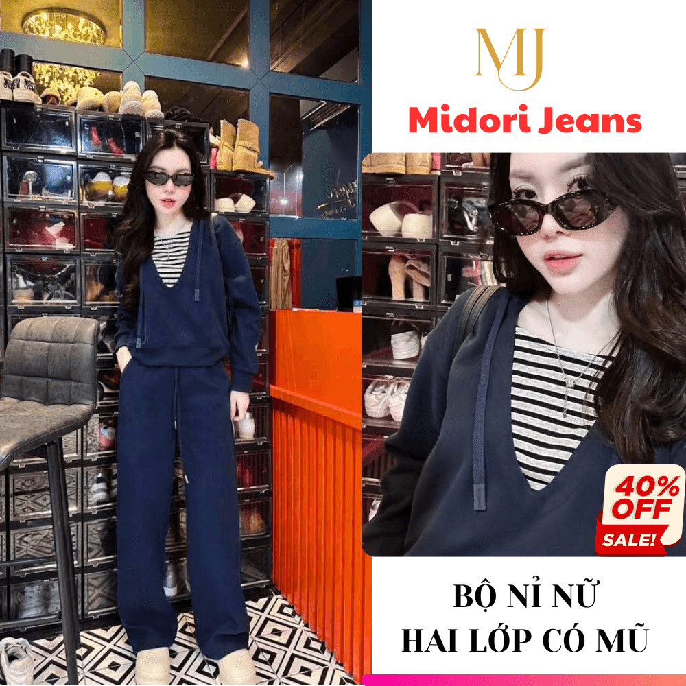 Set Bộ Nỉ Hai Da Chất Nỉ Mịn Mềm Mại Có Lót Thuê Viền Kẻ, Bộ Quần Áo Nỉ Nữ Có Túi Và Mũ Dây Rút Cao 