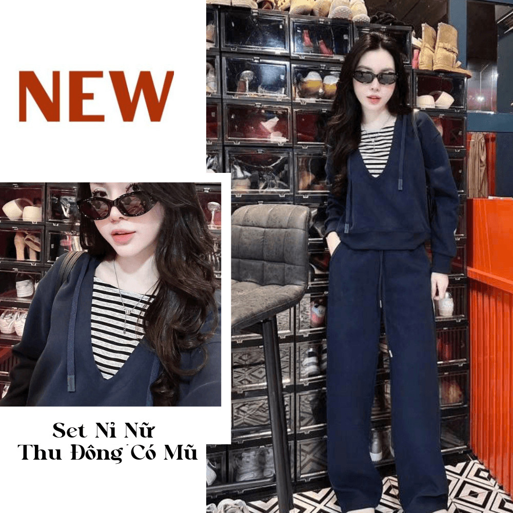 Set Bộ Nỉ Hai Da Chất Nỉ Mịn Có Lót Thuê Viền Kẻ, Bộ Quần Áo Nỉ Nữ Có Mũ Dây Rút Cao Cấp Lora Offici