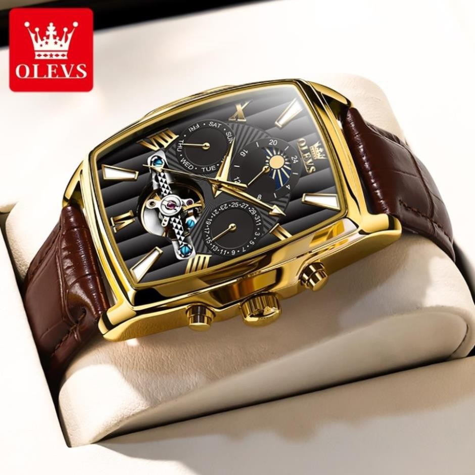 OLEVS Đồng hồ nam Chuyển động cơ học dây đeo da việc kinh doanh dạ quang chống nước
