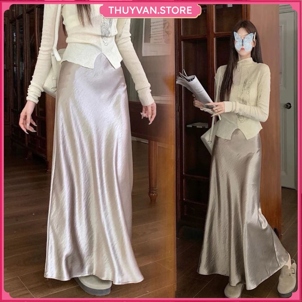  thuyvan.store - Chân váy lụa vân cá dáng dài 90cm chất lụa phi   lụa satin eo may chun size SML hàng đẹp Quảng Châu 