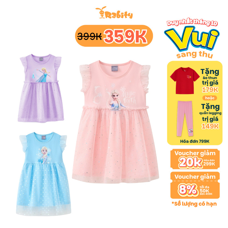 [VOUCHER XỊN GIẢM TỚI 50K] Đầm thun voan lấp lánh tay cánh tiên Elsa Disney bé gái Rabity 550.033