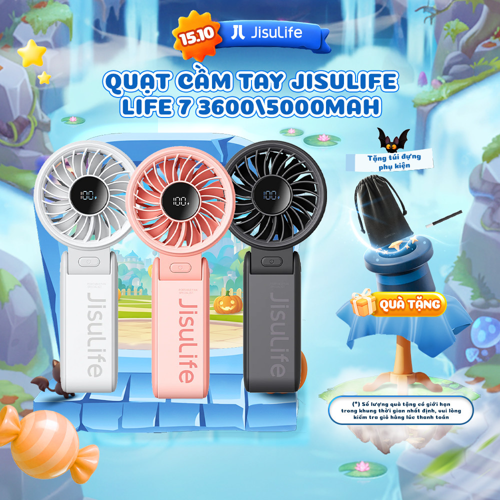 Quạt cầm tay tích điện mini Jisulife Life 7 5 cấp độ gió 3600/5000mAh - Sử dụng lên đến 12h - Chính hãng - BH 12 tháng
