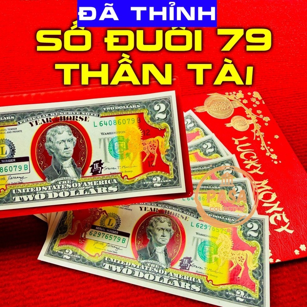 {SERI THẦN TÀI MAY MẮN 39} Tiền 2 USD hình con Ngựa Mạ Vàng Lì Xì Tết [Phong Thủy]