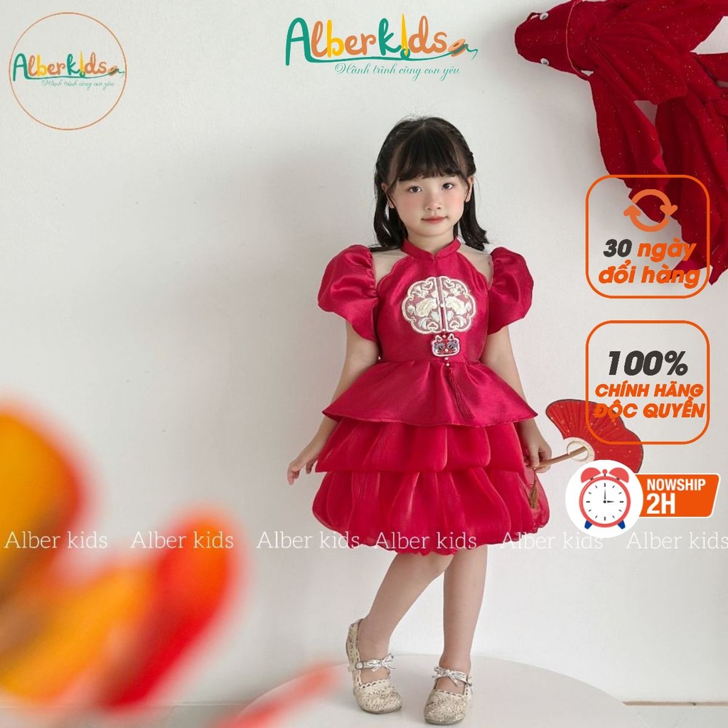 Váy bé gái ALBERKIDS đỏ đính đầu lân mặc tết, noel đều xinh cho trẻ em 2-12 tuổi A1111