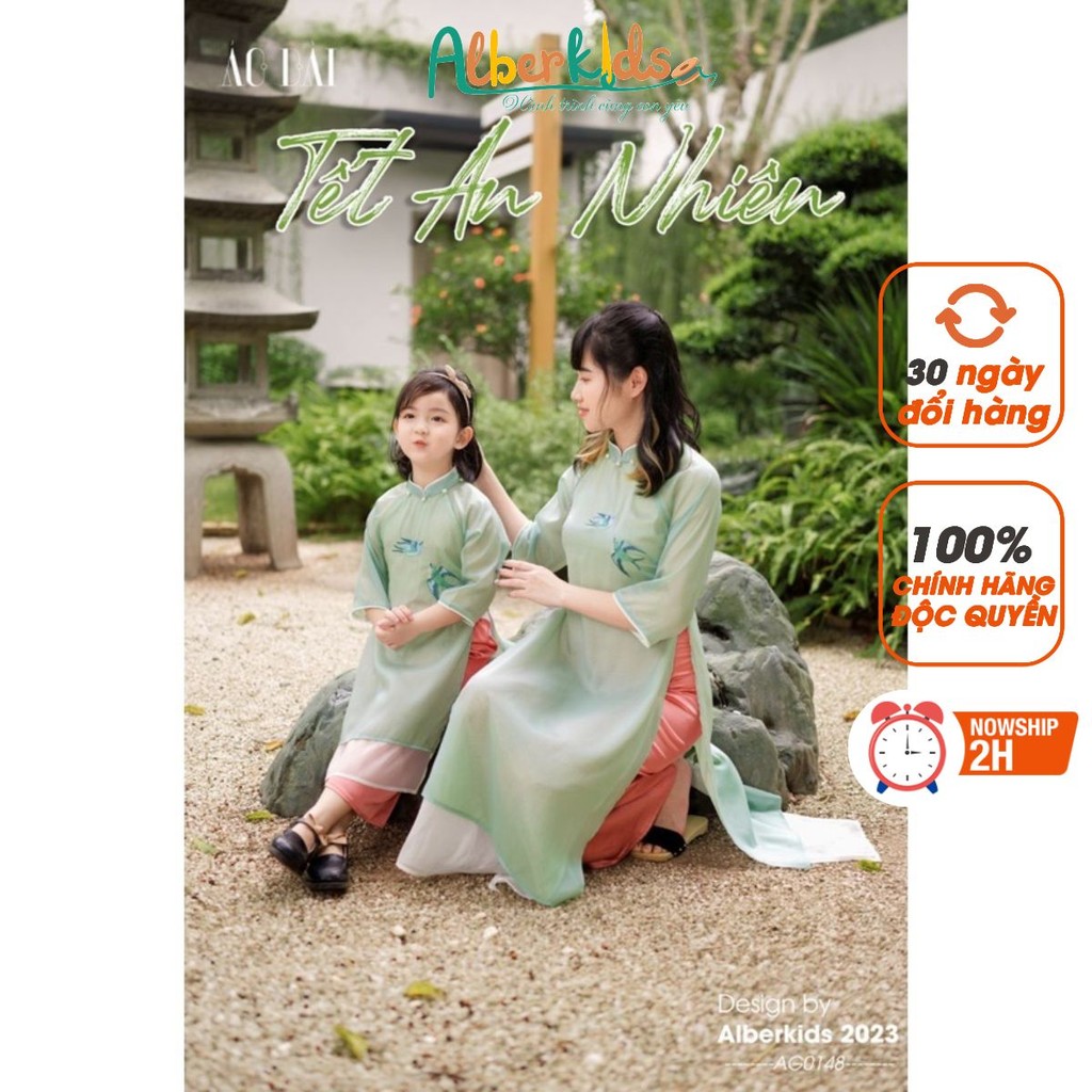 Áo dài Tết họa tiết Chim Yến  ALBERKIDS cho mẹ và bé gái cho trẻ em 4,5,6,7,8,9,10,11,12,13,14,15 tu
