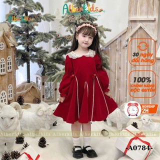 Váy bé gái dài tay ALBERKIDS đỏ nhung cổ sen phối ren cho trẻ em 2,3,4,5,6,7,8,9,10,11,12 tuổi A0784