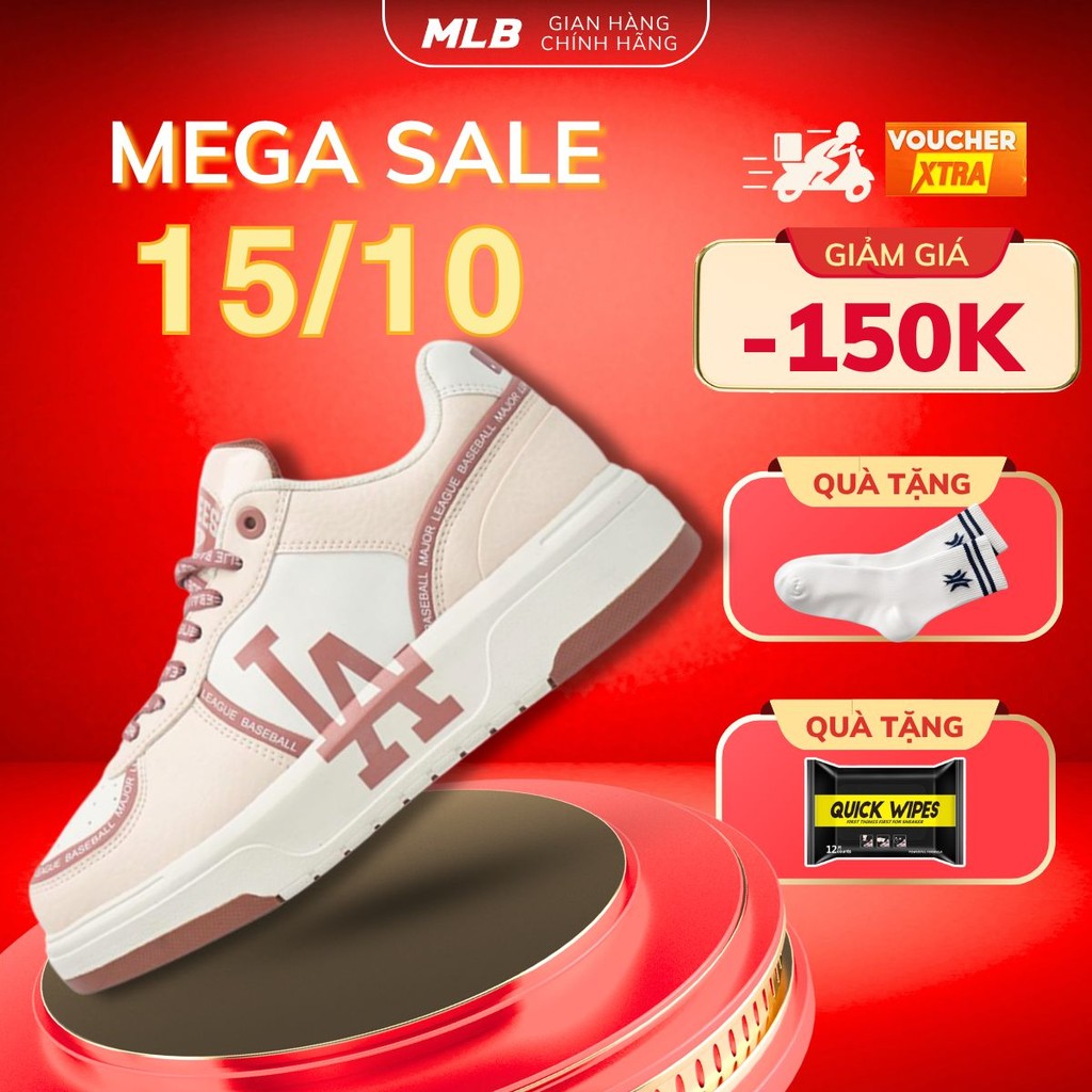 Giày MLB Chunky Liner monogram LA hồng chính hãng Varsity Dodgers Sneakers, giày sneaker mlb đế cao 5cm (CLAH)