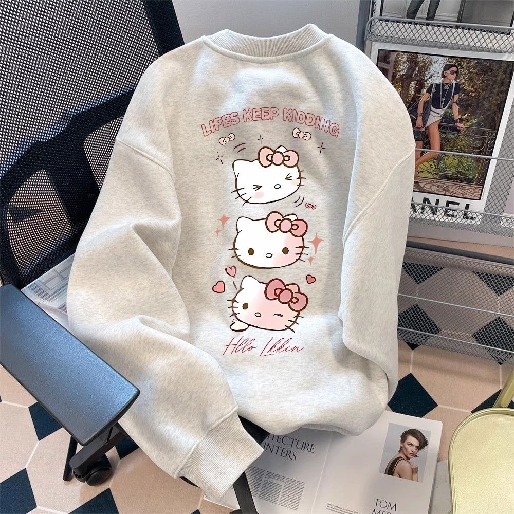 Áo sweater nữ xám tiêu Hello Kitty HỒNG DỌC  form rộng áo nỉ dài tay mùa thu đông UT