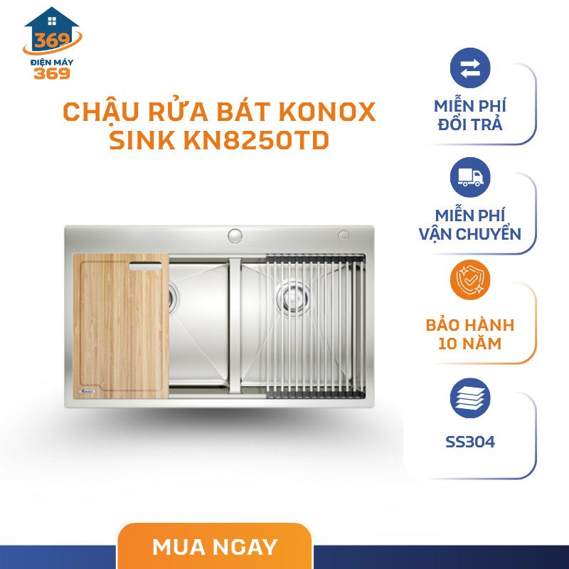 Chậu Rửa Bát Konox KN8250TD 2 hố lệch - Chất Liệu Inox SS304 - Bề mặt xước mờ - SMC