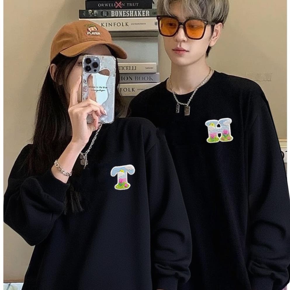 Áo Sweater Cặp Đôi Ký Tự Yêu Thương Nỉ Bông Form Rộng Unisex Oversize Màu Đen, nỉ cotton ấm áp UT