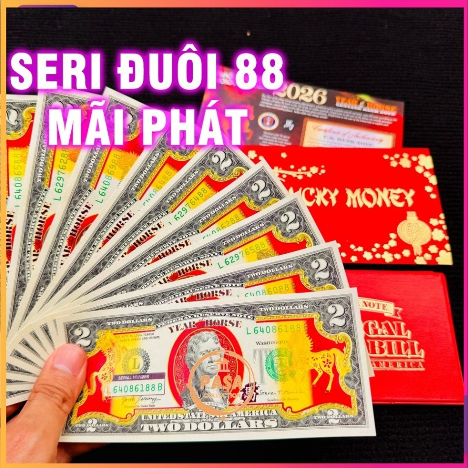 [💕GIÁ SỈ💕] {SERI THẦN TÀI MAY MẮN 39} Tiền 2 USD hình con Ngựa Mạ Vàng Lì Xì Tết