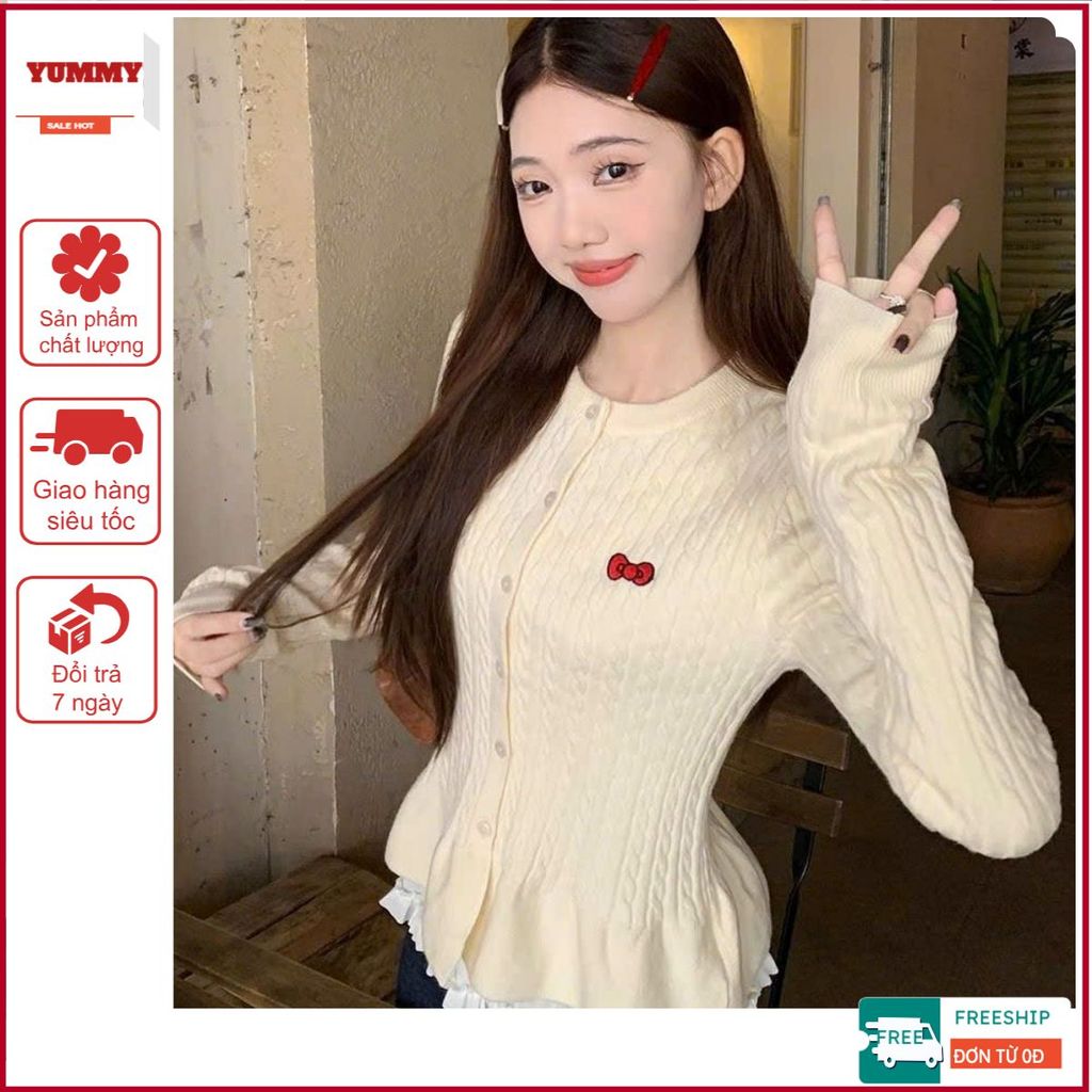 Áo len vặn thừng 𝒀𝑼𝑴𝑴𝒀 dáng ôm, Áo len cardigan viền xoè thêu logo kitty đỏ phong cách Hàn Quốc_AL28