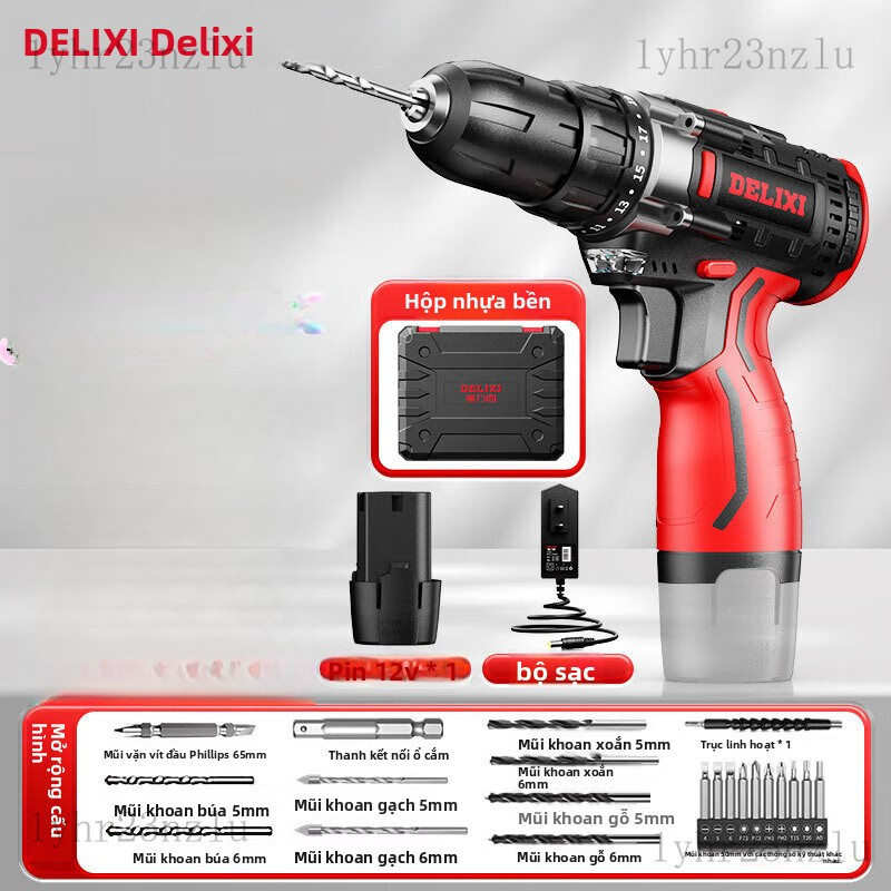 Delixi（DELIXI）Bộ khoan không dây, khoan lithium, tua vít điện, khoan cầm tay sạc lại, bộ dụng cụ điệ