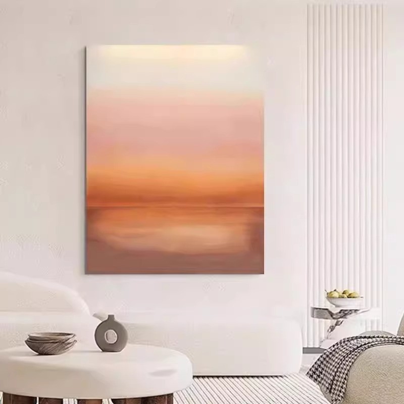 Frameless Painting with Solid Wood Inner Frame, Dawn Modern Minimalist Orange Abstract Painting for 