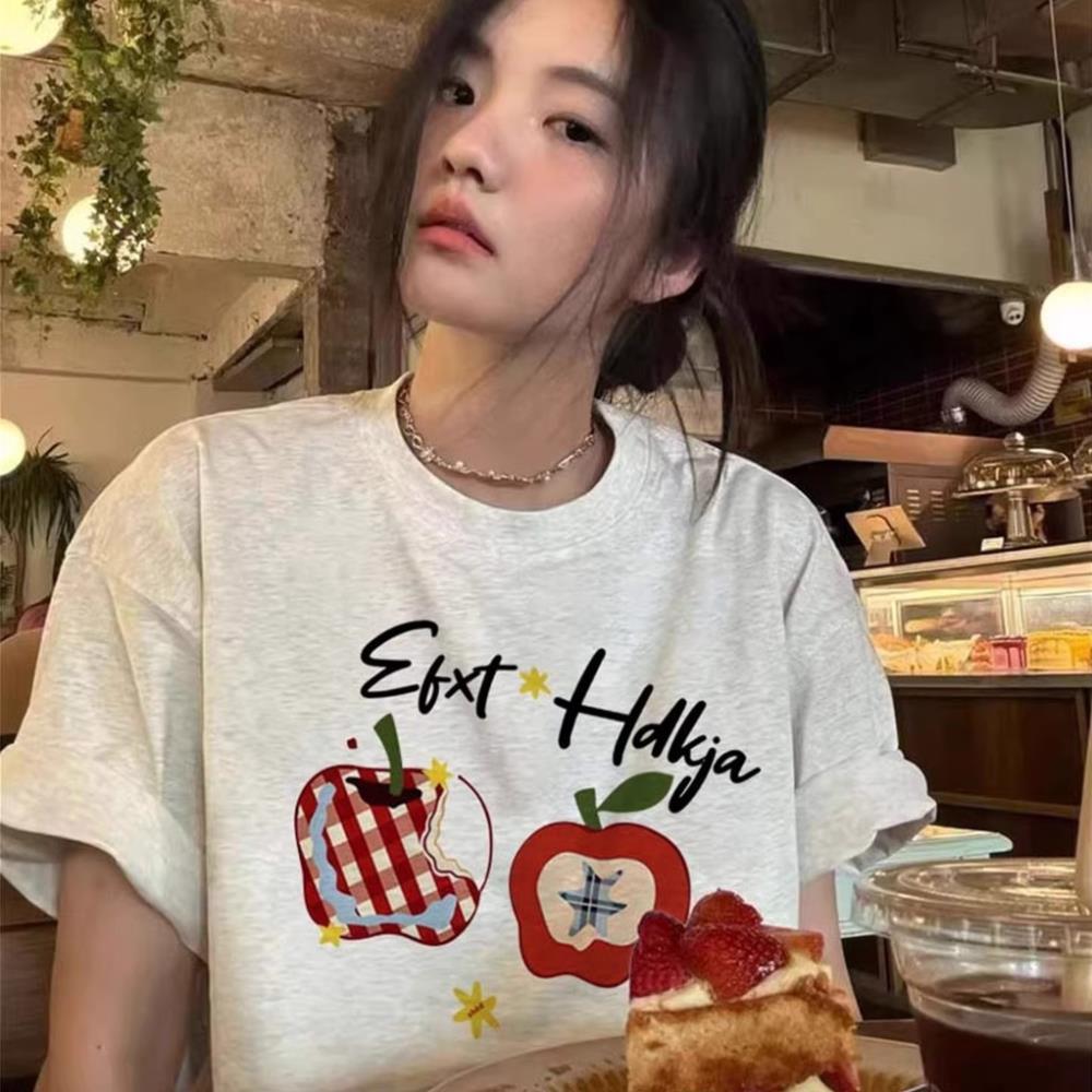 Áo phông nữ cotton SU  form rộng mùa hè đi học hàn quốc áo thun quả táo in hình UT