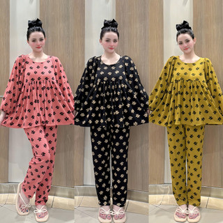 bộ babydoll thun gân tay dài mặc nhà, họa tiết mới dễ thường, phù hợp mọi độ tuổi TK506