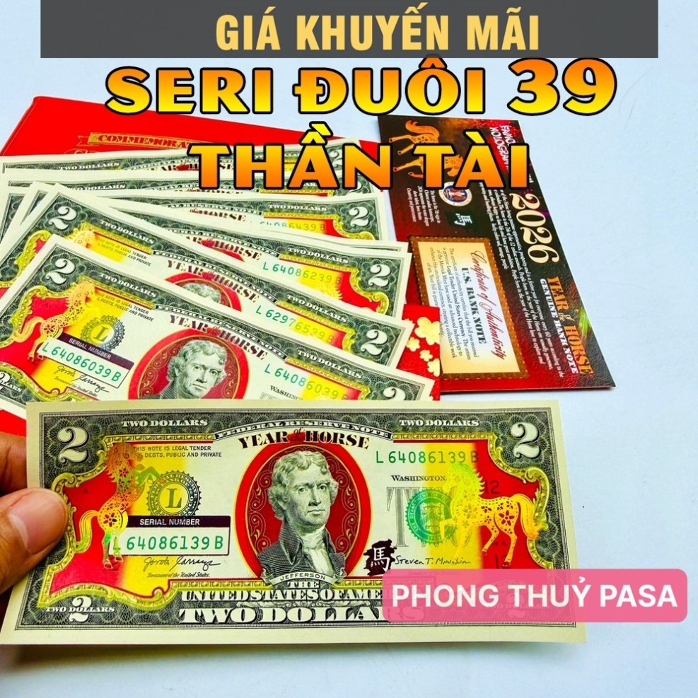 {SERI THẦN TÀI MAY MẮN 39} Tiền 2 USD hình con Ngựa Mạ Vàng Lì Xì Tết [Thỉ.nh Lộc]