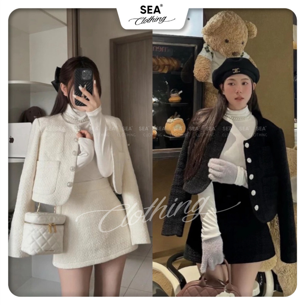 [ SEA L1 CÓ SẴN ] Set Áo Khoác Dạ Tweed Cúc Ngọc Phối Chân Váy A Tiểu Thư Sang Chảnh - LIING
