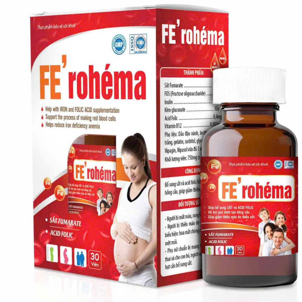 viên uống Fe' Rohéma fe folic bổ sung sắt và acid folic, giảm thiếu máu do thiếu sắt, hỗ trợ quá trì