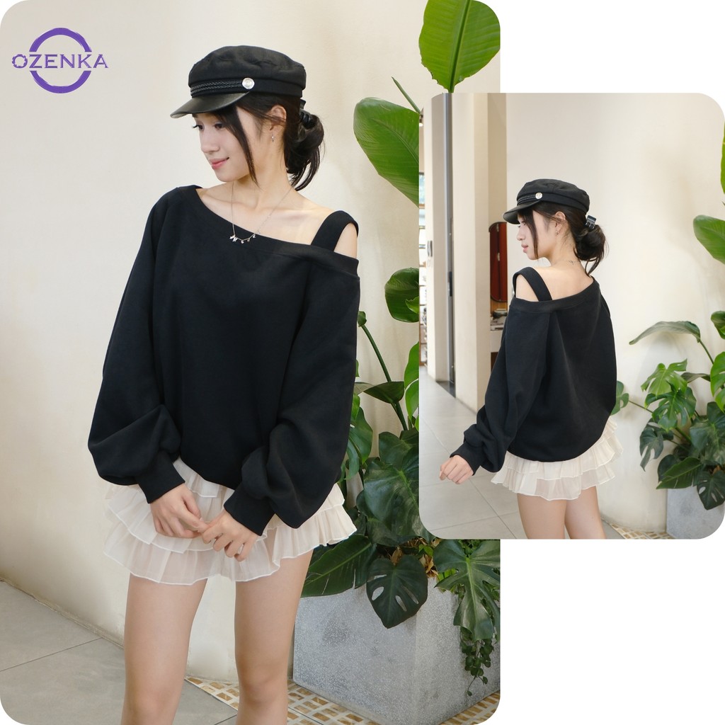 Áo nỉ nữ trễ hở vai form rộng phong cách ulzzang hàn quốc ozenka, áo sweater ấm áp dễ thương mặc thu