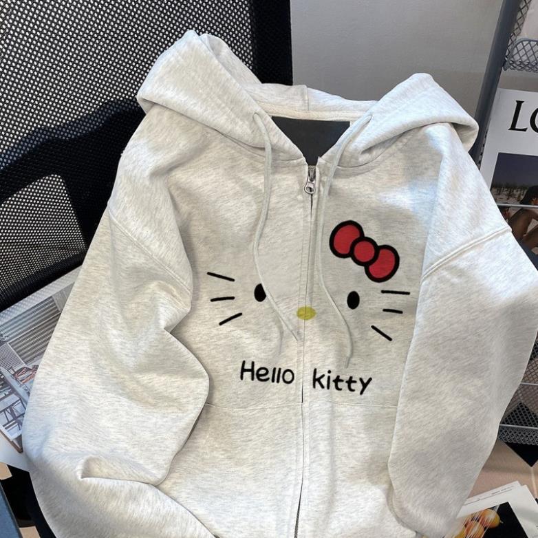 ÁO Hello Kitty Mùa Thu Cardigan Có Mũ Dài Tay Dây Kéo Nữ , ÁO KHOÁC HODIE NỈ COTTON UT