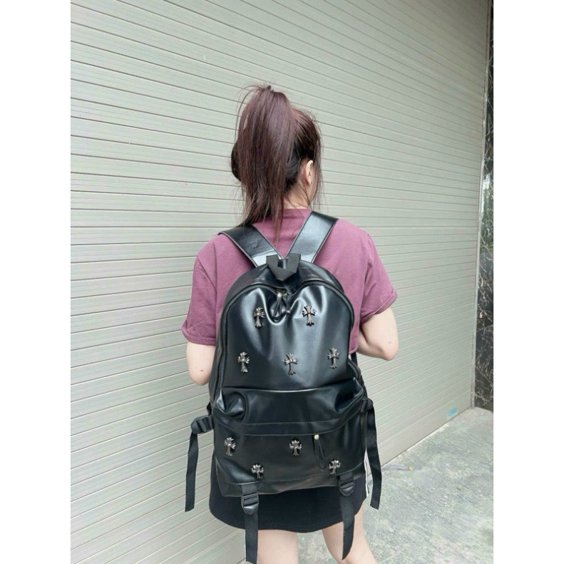 Balo đi học nam nữ Chrome Hearts da Pu đen bóng tag logo hình chữ thập nổi dáng boy phố