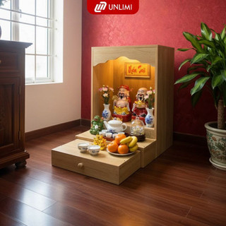 Bàn Thờ Thần Tài Ông Địa Gỗ MDF Cao Cấp Màu Sồi Tự Nhiên – Kệ Kéo Tiện Lợi, Đèn LED Sang Trọng- UP418/ 418