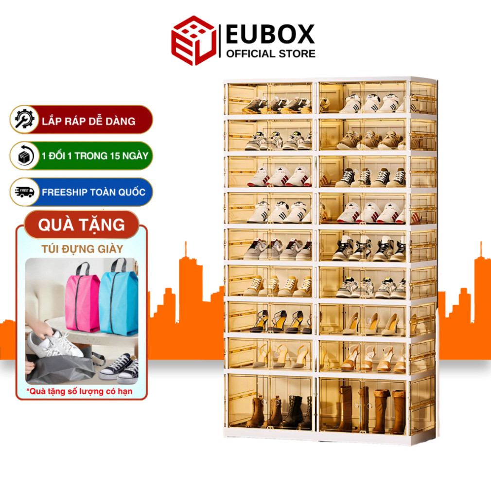 Tủ giày gấp gọn Eubox Official Store 36 Đôi 9104T-8-1G, Tủ giày nhựa nguyên sinh an toàn, có bánh xe