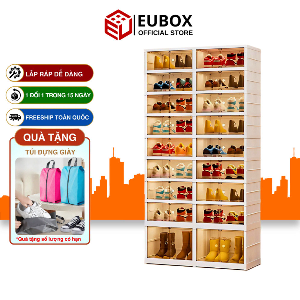 Tủ giày gấp gọn 36 đôi Eubox Official Store 9104-8-1G, Cửa tủ trong suốt, Nhựa nguyên sinh an toàn