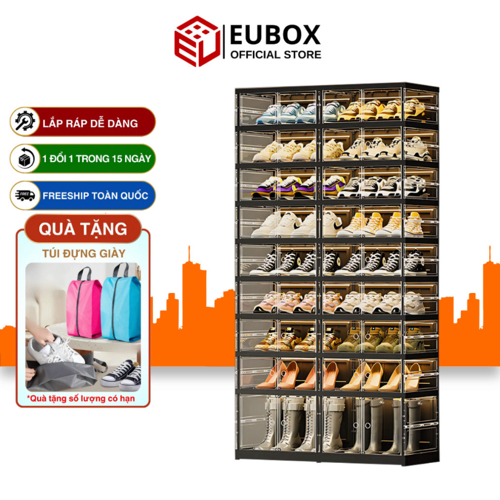 Tủ giày gấp gọn Eubox Official Store  36 Đôi [9104-8-1G], Nhựa nguyên sinh an toàn, bánh xe ẩn