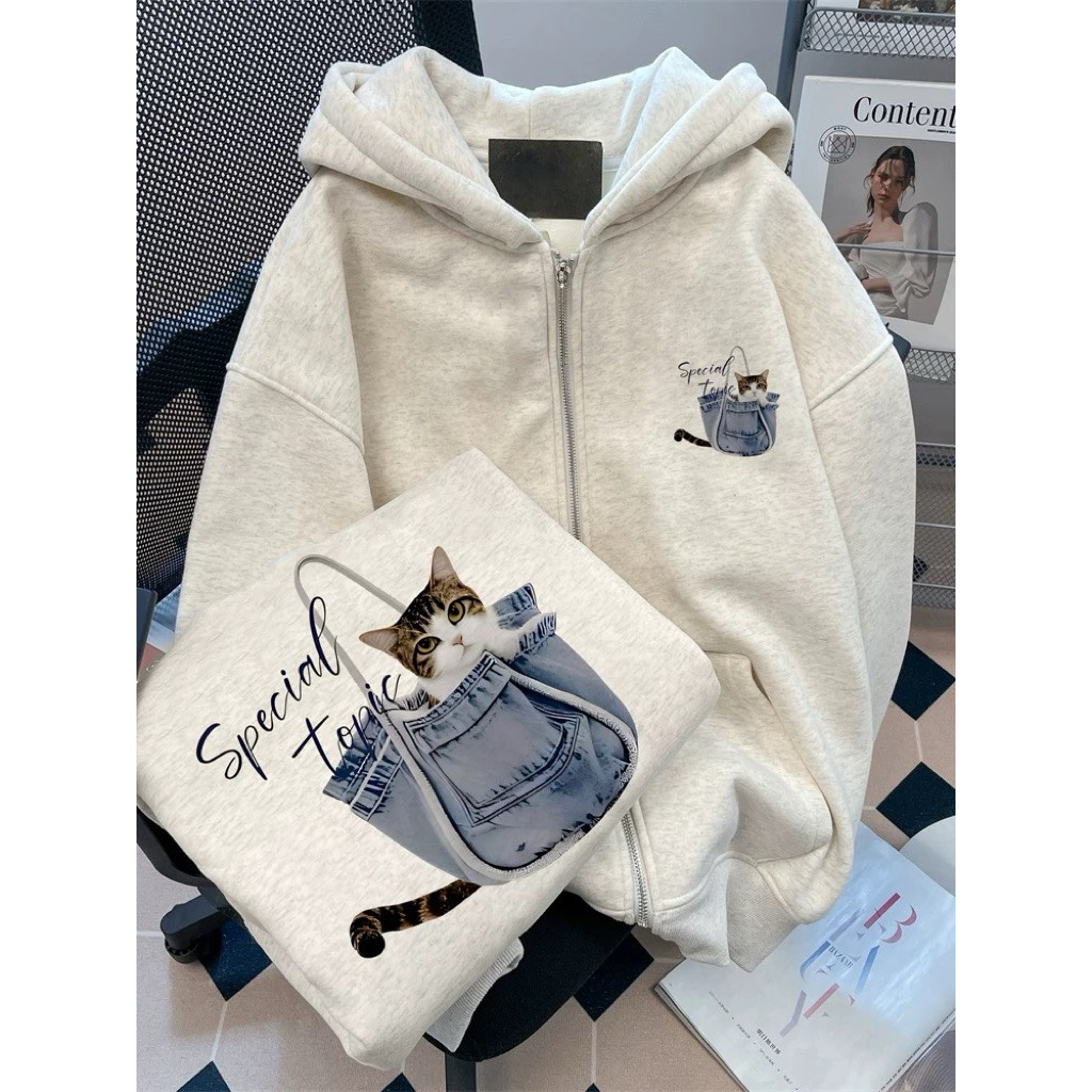 Áo Khoác Nỉ hoodie Nữ Form Rộng Mũ Hai Lớp_ Mèo Special cá tính ut