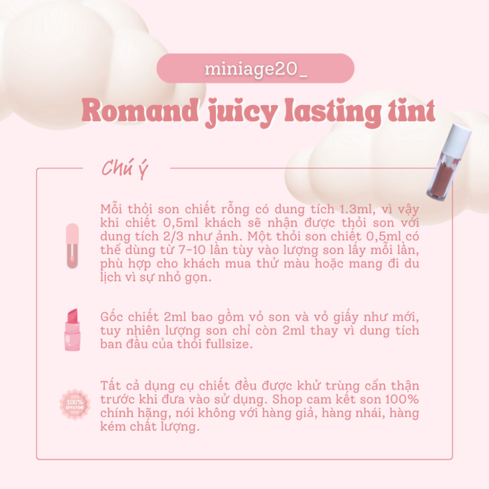 C [SON CHIẾT] MÀU 6-20 Son RM juicy tint chiết 0,5ml chất son bóng mềm mịn môi C