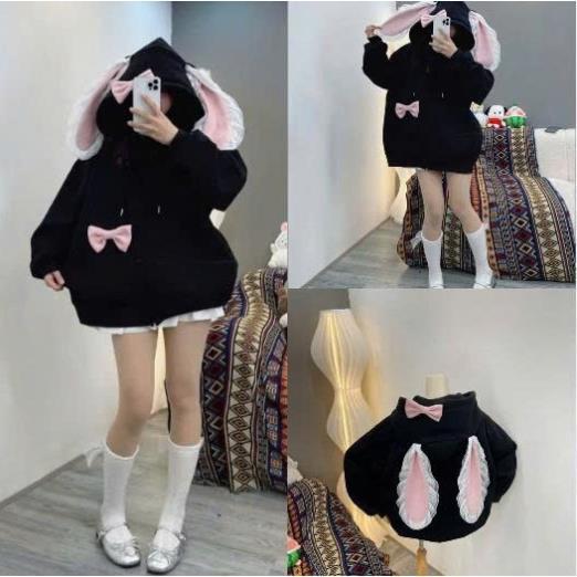 Áo khoác hoodie Zip Nỉ Tàu Mũ 2 Lớp Tai Thỏ Hồng REN Kèm Nơ Cài  siêu dễ thương UT