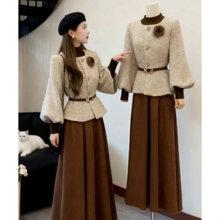  Set Áo Dạ Tweed Dài Tay Kèm Chân Váy nâu Dáng Dài  KÈM ĐAI + ÁO TRONG   MELLYSTORE  Cao Cấp Đẹp Quyến Rũ ,Sang Trọng HAM 