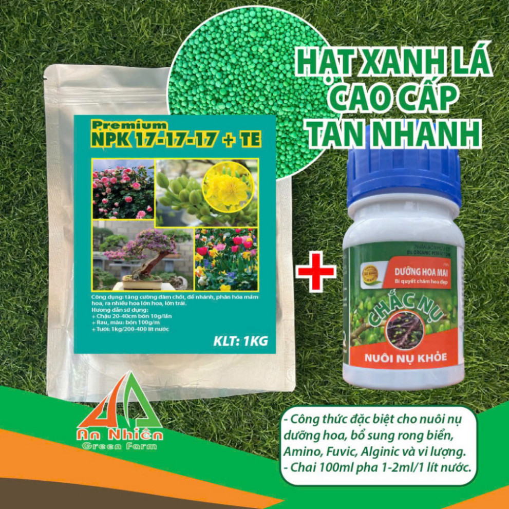 C A An Nhiên Green Farm Phân Bón 17-17-17 TE Cao Cấp Hạt Xanh Lá Premium NPK 17-17-17 + TE Tan Nhanh