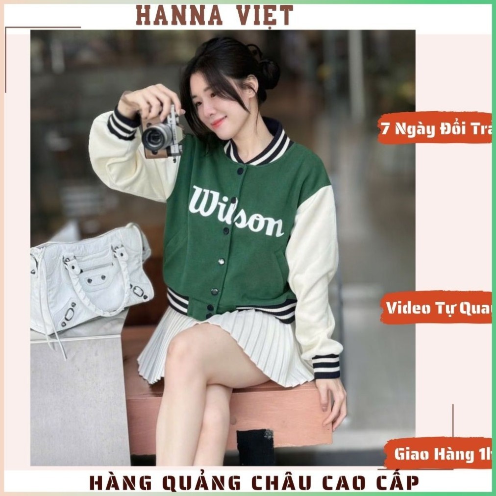 Áo Khoác Nữ, Áo Bomber Nữ, Áo Khoác Thể Thao Bóng Chày Wilson Xanh Lá Tay Trắng H11 Ms479