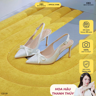  Giày cao gót nữ BEESHOES da bling hở gót mũi nhọn gót nhọn cao 9 phân sẵn màu trắng CG129  Form 1,5  