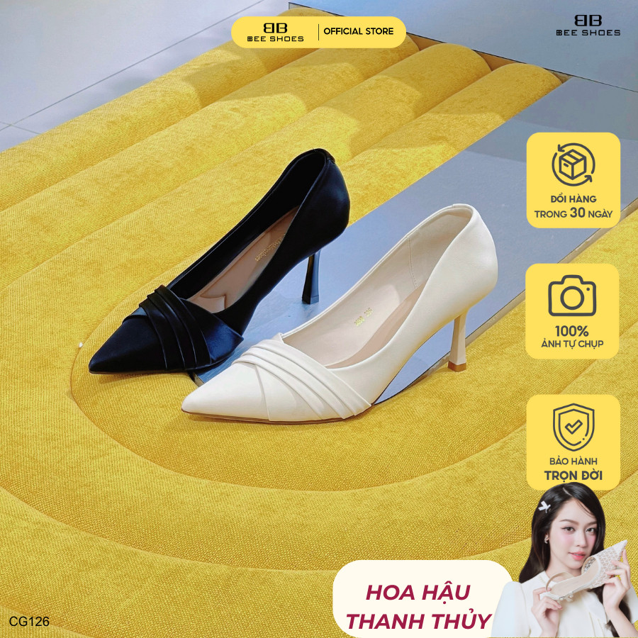 Giày cao gót nữ BEESHOES da lì mũi nhọn gót nhọn cao 7 phân sẵn màu kem - đen CG126 (Form 1.5)