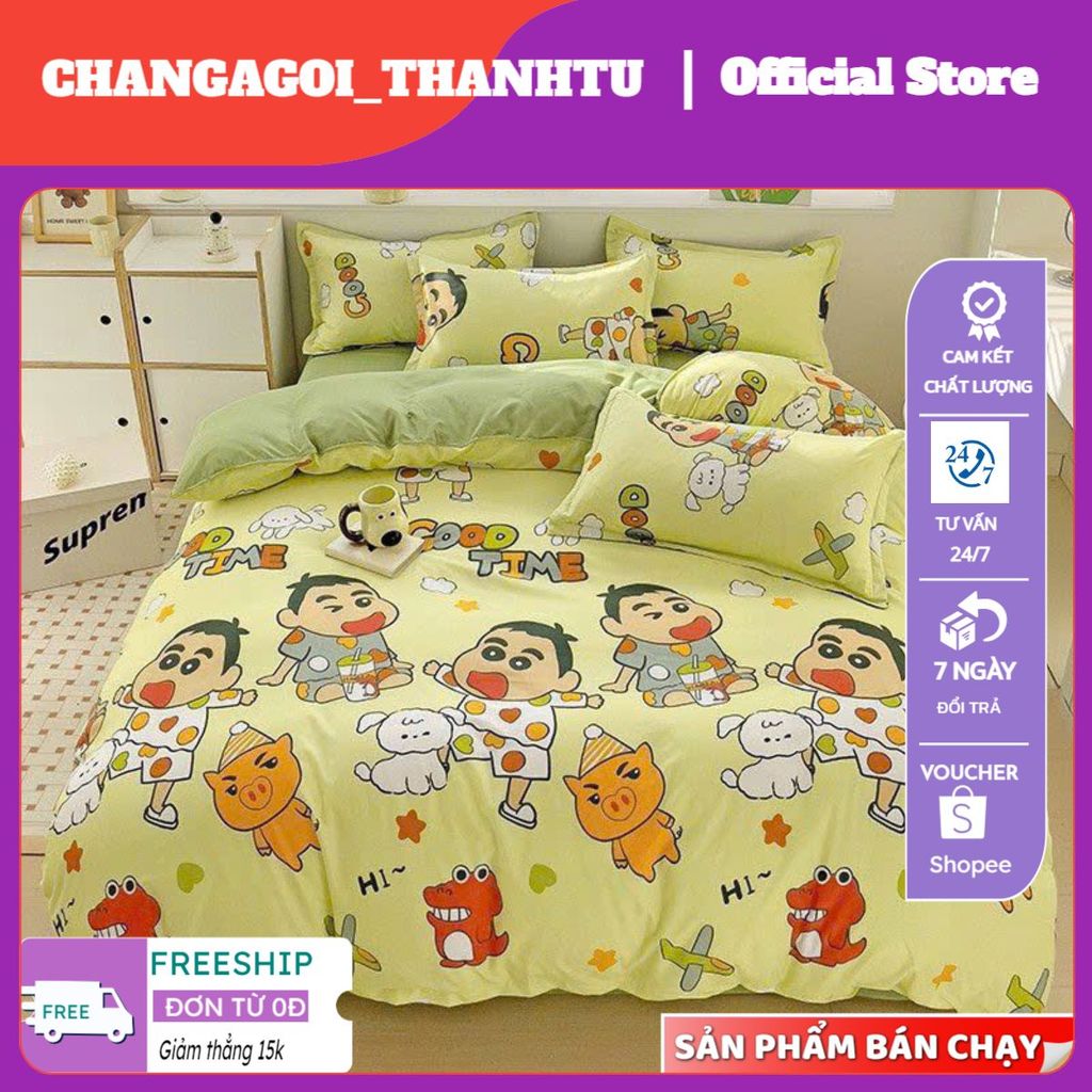 Bộ Ga Gối 3 Món Cotton Poly, ga giường kèm 2 áo gối Bọc Đệm 2–10cm, mẫu Shin xanh