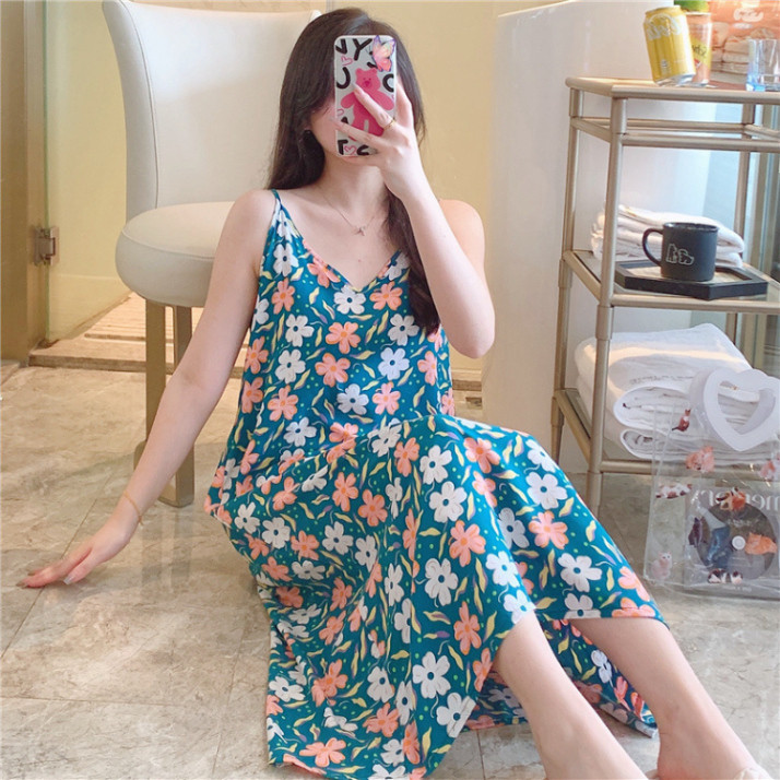 Váy ngủ 2 dây LUHAZO form dáng suông rộng rãi BIGSIZE mùa hè họa tiết hoa tươi trẻ, thanh thoát D056