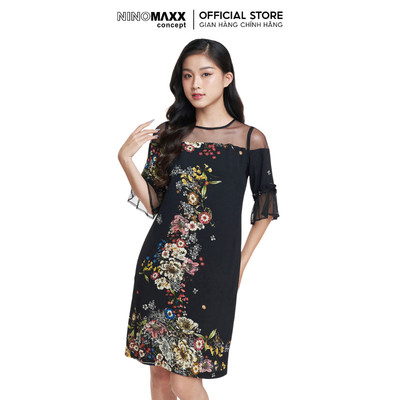 [CÒN SIZE S] Đầm Nữ N&M tay ngắn cổ tròn dáng suông họa tiết hoa văn nổi bật mã 1905111