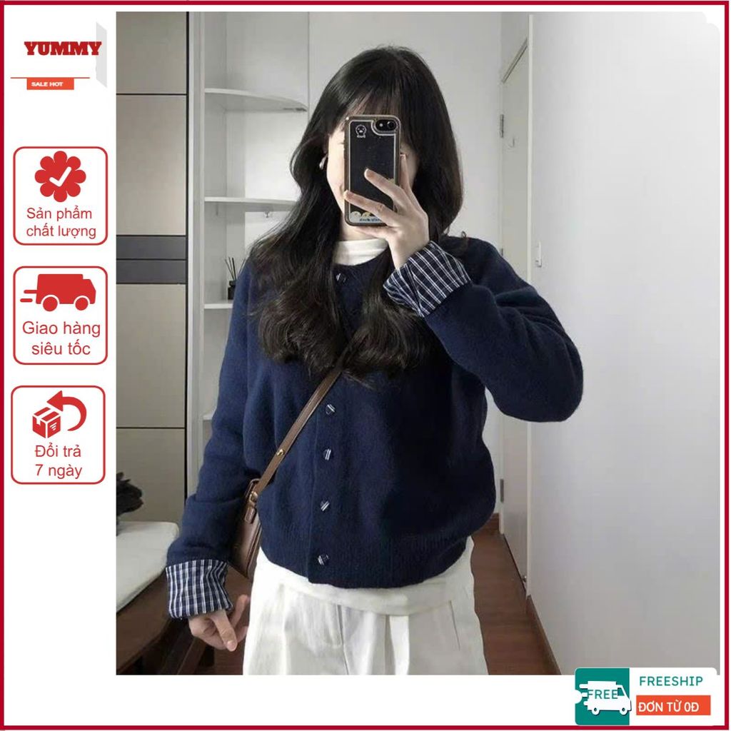 [ẢNH THẬT] Áo cardigan dáng ngắn YUMMY phối tay kẻ , Cardigan cổ tròn dệt kim xanh Navy AL46 | BigBuy360 - bigbuy360.vn