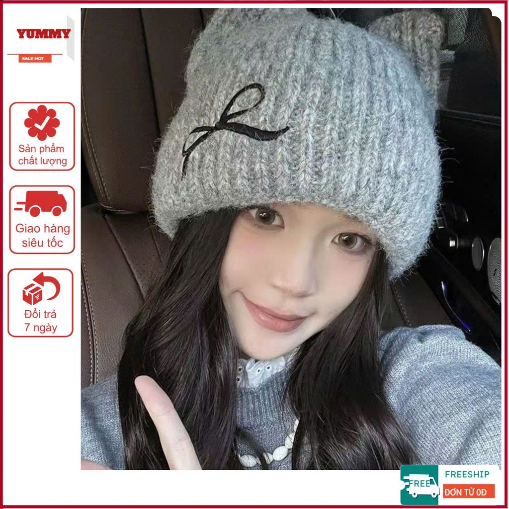 Mũ len tai mèo YUMMY siêu xinh, Mũ len Hàn Quốc thêu nơ dày dặn PK38