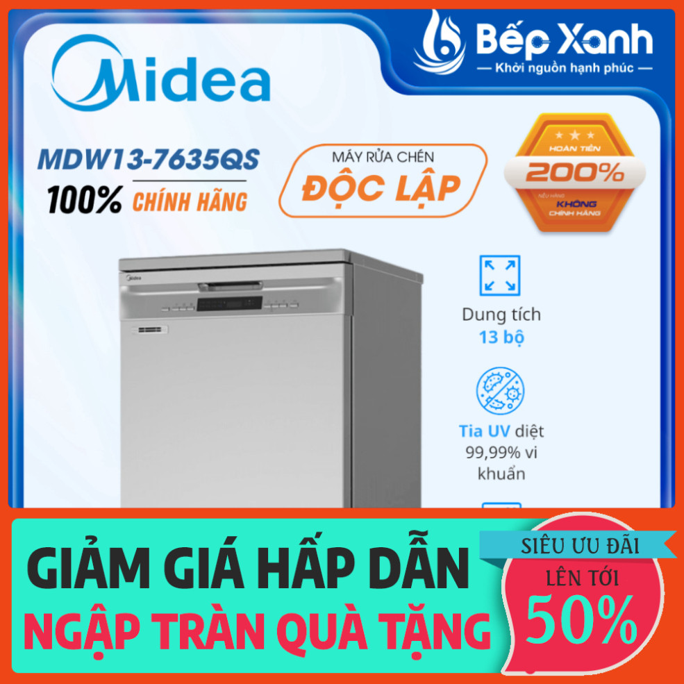 ib shop_ Máy rửa bát độc lập Midea MDW13-7635QS, 13 bộ, sấy UV, 9 chương trình .