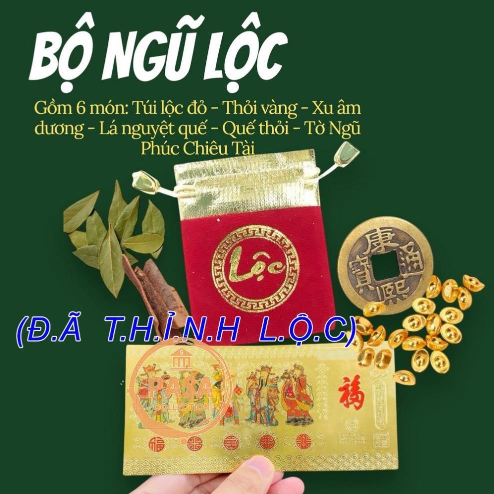 (Mẹo Nuôi Tiền Cái) Bộ Ngũ Lộc Chiêu Tài 6 Món – Túi Nhung, Xu Ngũ Phúc, Vỏ Quế – Tin Dùng Tại Đài Loan