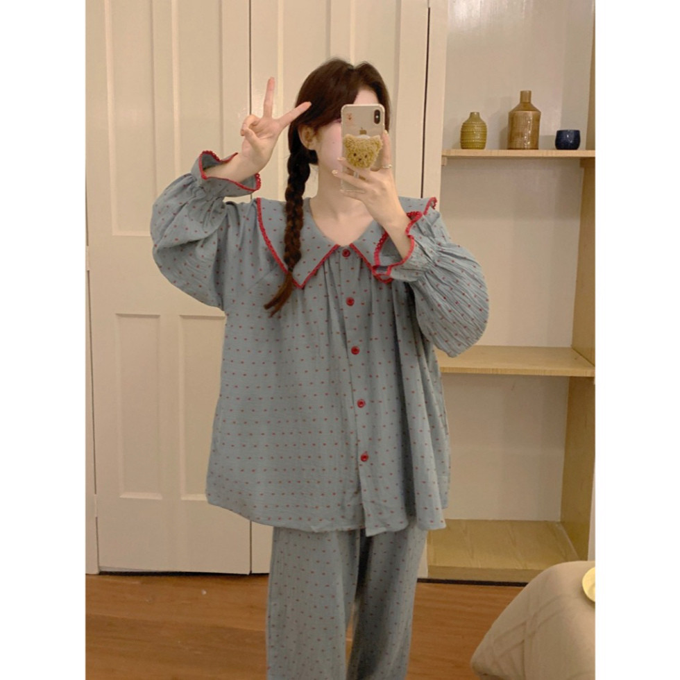Bộ đồ ngủ cotton LUHAZO pijama chấm bi dễ thương tay bồng cổ thủy thủ bigsize, mềm mại và thoáng mát