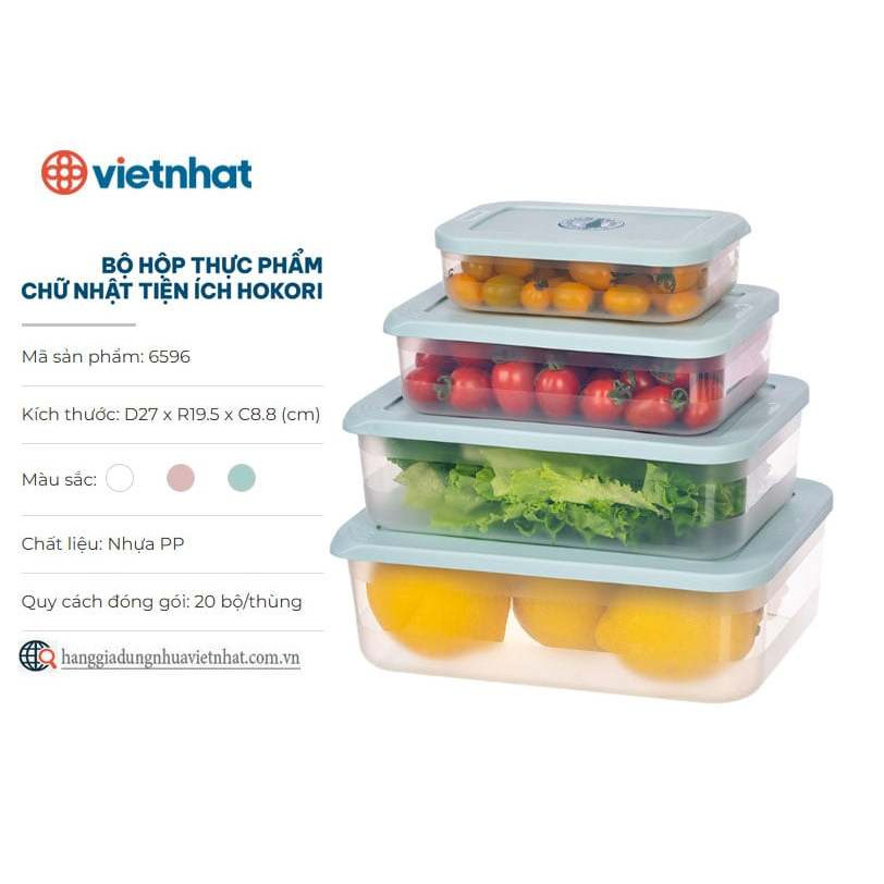Bộ 4 hộp thực phẩm chữ nhật HOKORI nhựa VIỆT NHẬT - đựng đồ ăn để tủ lạnh 6596