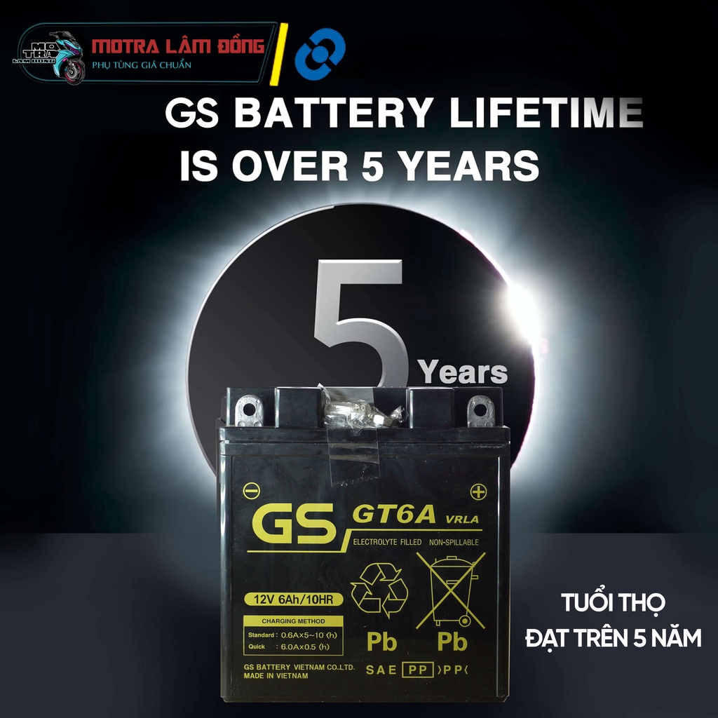 BÌNH ẮC QUY XE MÁY GS GTZ6V (12V-5AH) (BÌNH LỠ) - DÙNG CHO Airblade 125/150 | Vario 125/150 | PCX 12