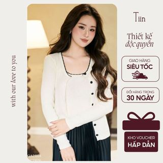  TIINSTORE Set áo cardigan len khuy cài phối áo 2 dây viền form vừa chất len mềm basic GA25024 